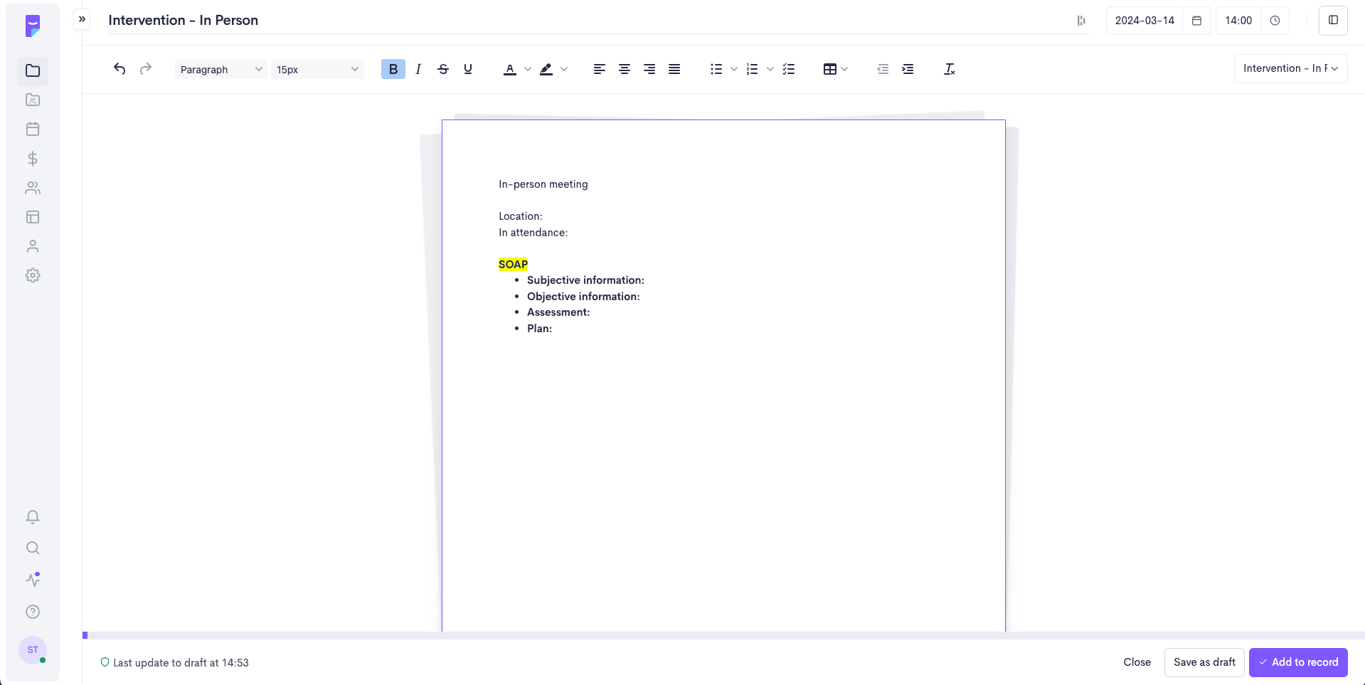 Screenshot of a SOAP note in Psylio